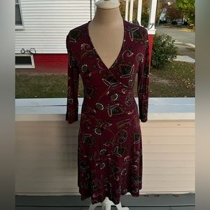 Garnet Hill Faux Wrap Dress S Maroon Paisley Stretch Viscose VGUC Fall Winter